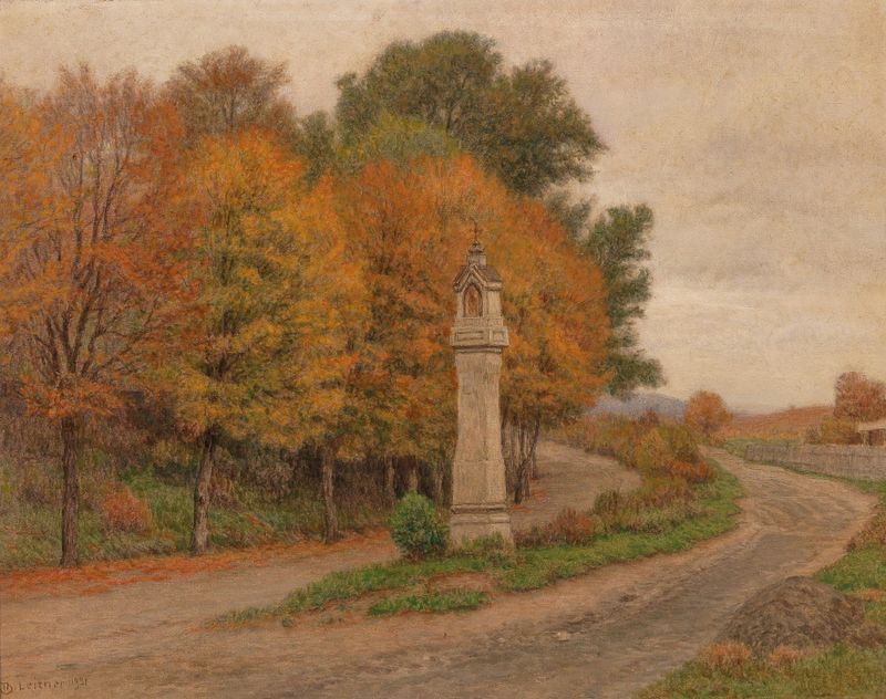 A wayside shrine in a forest, oil on canvas by Thomas Leitner