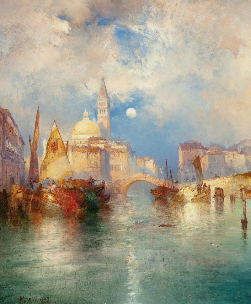 Moonrise, Chioggia, Venice de Thomas Moran, pintura a óleo que retrata uma paisagem iluminada pela lua.