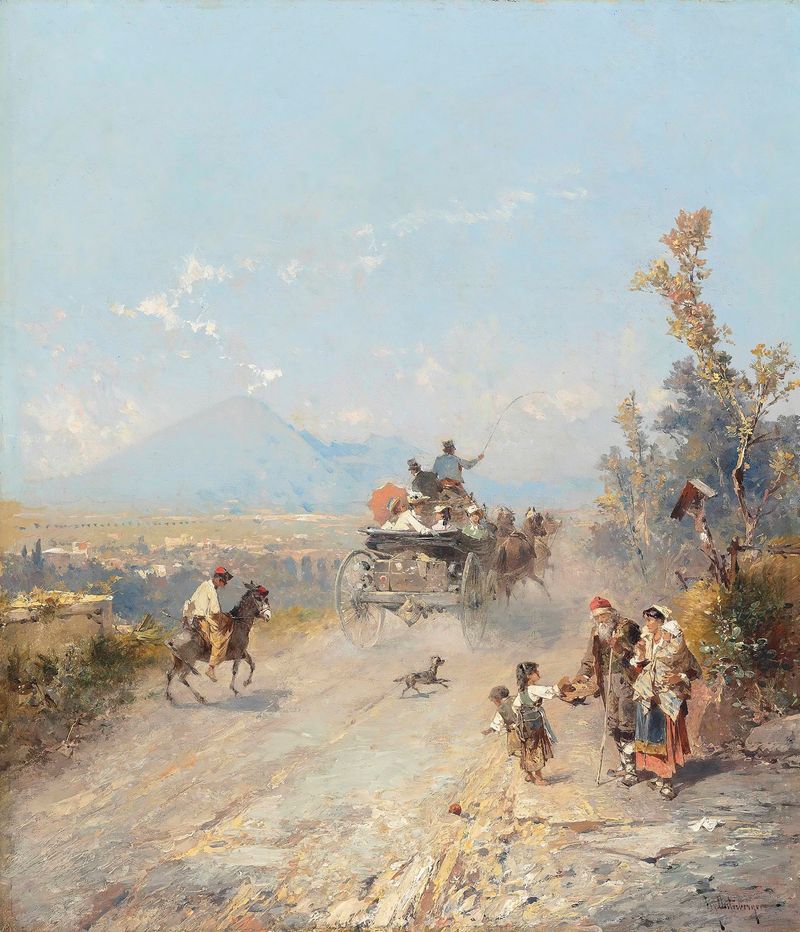 Pintura de paisagem a óleo de Franz Richard Unterberger mostrando o Vesúvio e Pompéia.