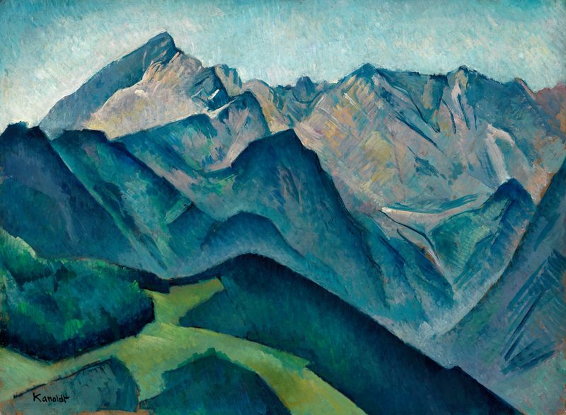 Blick auf die Alpspitze by Alexander Kanoldt, oil painting of a majestic mountain landscape.