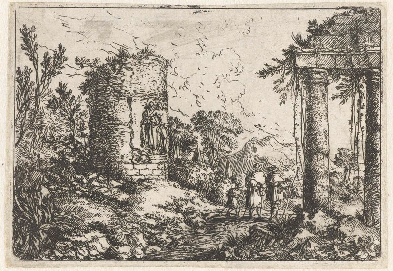Landschap met ruïnes en drie pelgrims by Jonas Umbach, etching depicting ruins and pilgrims in golden light