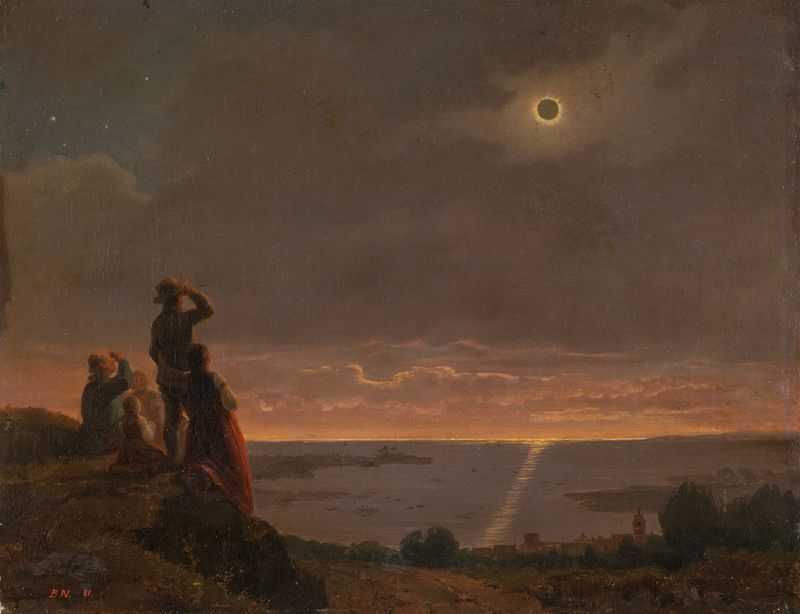 Solar Eclipse de Bengt Nordenberg, óleo sobre lienzo que representa un eclipse solar con nubes oscuras y luz radiante.