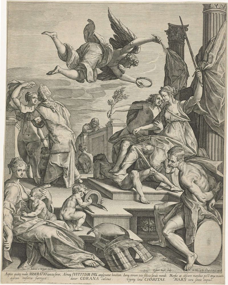 Grabado de alegoría de Egbert Jansz que representa a Justitia, Pax y Charitas.