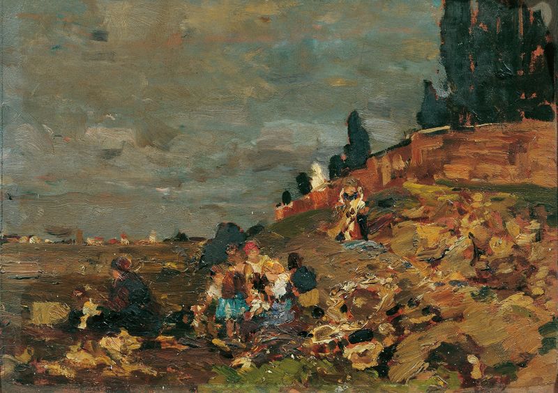 Crianças brincando perto de um muro de cemitério, óleo sobre tela de Tina Blau