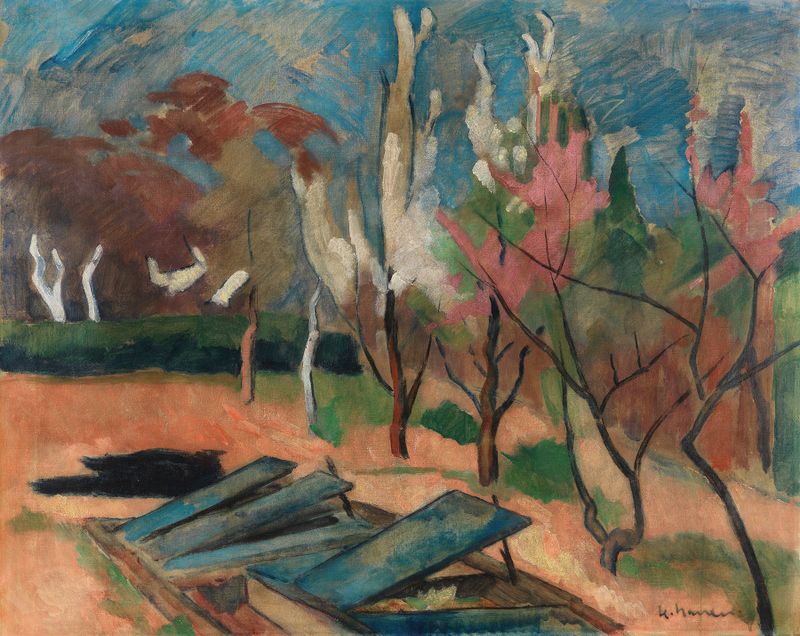 Garten mit Treibhausbeeten by Heinrich Nauen, oil painting depicting a lush garden with sunlight and greenery.