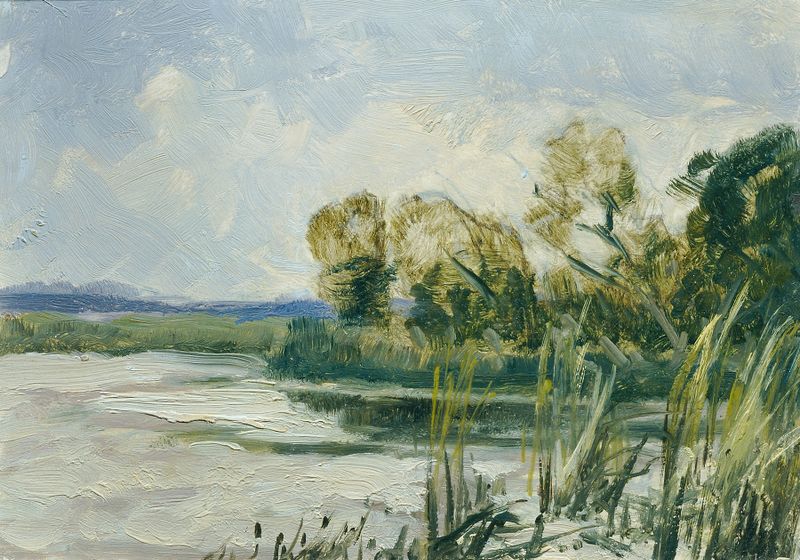 Landscape of Wittingau by Ferdinand Engelmüller, oil painting depicting a river at dawn.