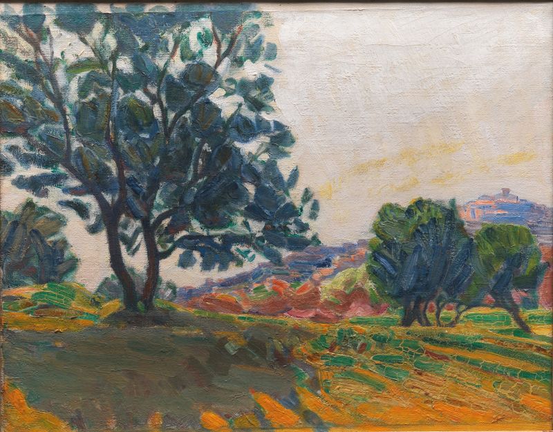 Olival com luz e Cagnes ao fundo, pintura a óleo de Niels Larsen Stevns
