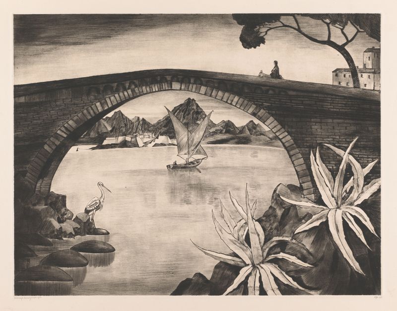Boogbrug op Corsica by Lodewijk Schelfhout, oil on canvas depicting a bridge reflected in water