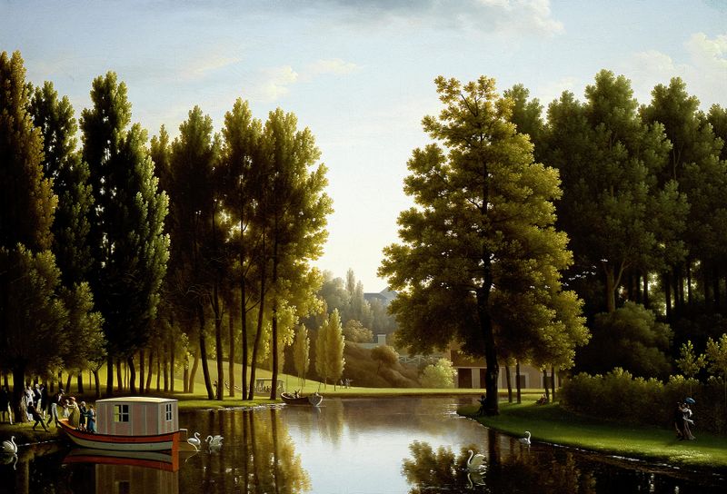 Landscape of a serene park with figures, oil painting by Jean-Joseph-Xavier Bidauld