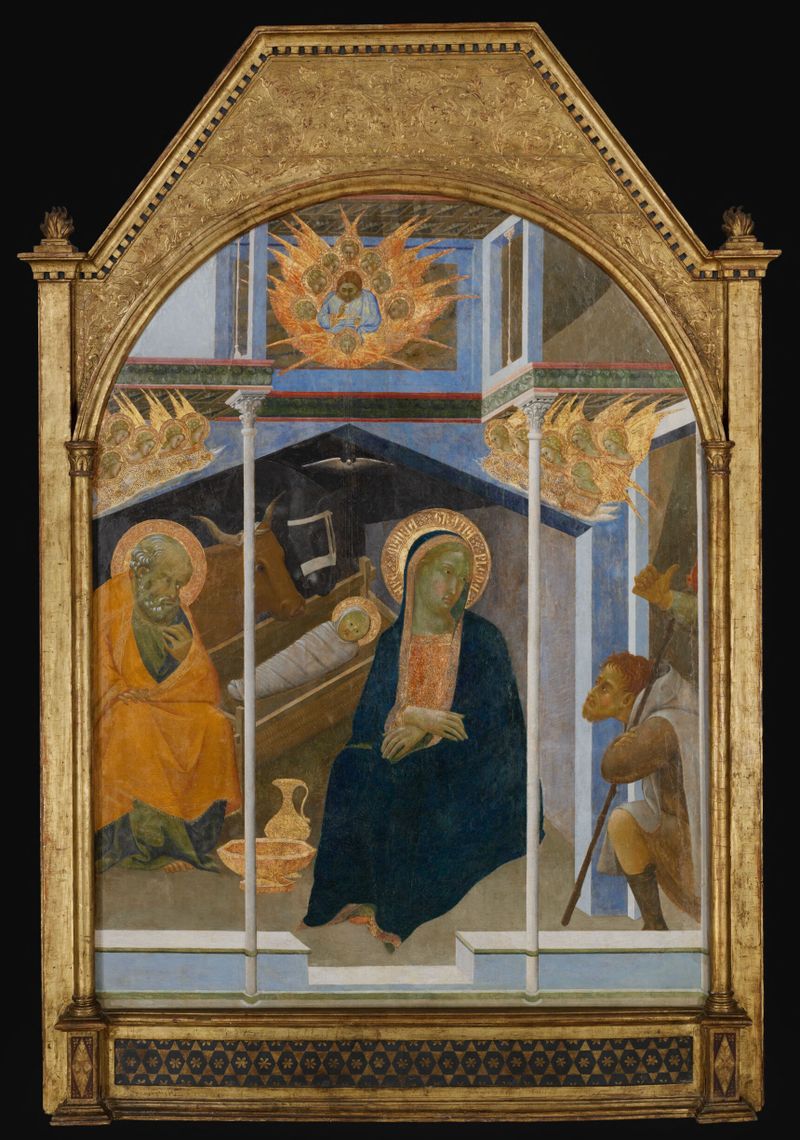 La Adoración de los Pastores, temple sobre panel de Bartolommeo Bulgarini, mostrando pastores alrededor del niño Cristo.