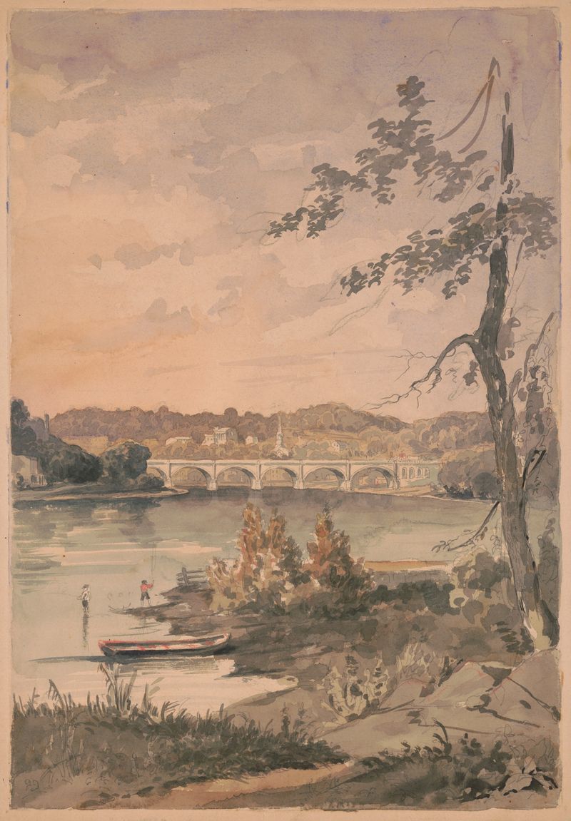 Boys fishing on the banks of the Schuylkill River in Philadelphia, oil painting by James Fuller Queen