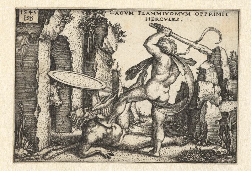 Engraving by Hans Sebald Beham showing Hercules confronting Cacus
