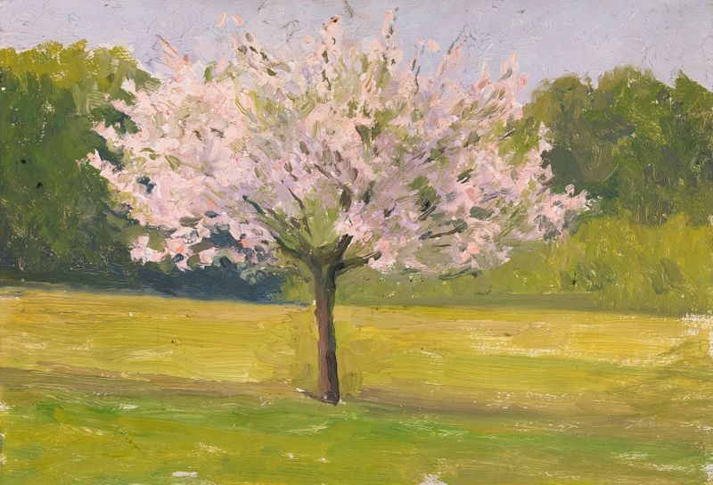 An Apple Tree in Blossom de Eugène Emmanuel Lemercier, pintura al óleo que muestra flores rosas y blancas.