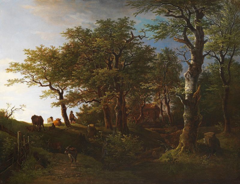 Lichte Waldlandschaft mit Vieh und Hirten by Max Joseph Wagenbauer, oil painting depicting cattle in a lush landscape.