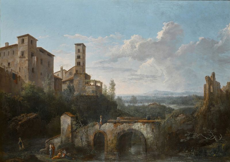 Uma paisagem fluvial com ruínas de um aqueduto, óleo sobre tela de César Van Loo