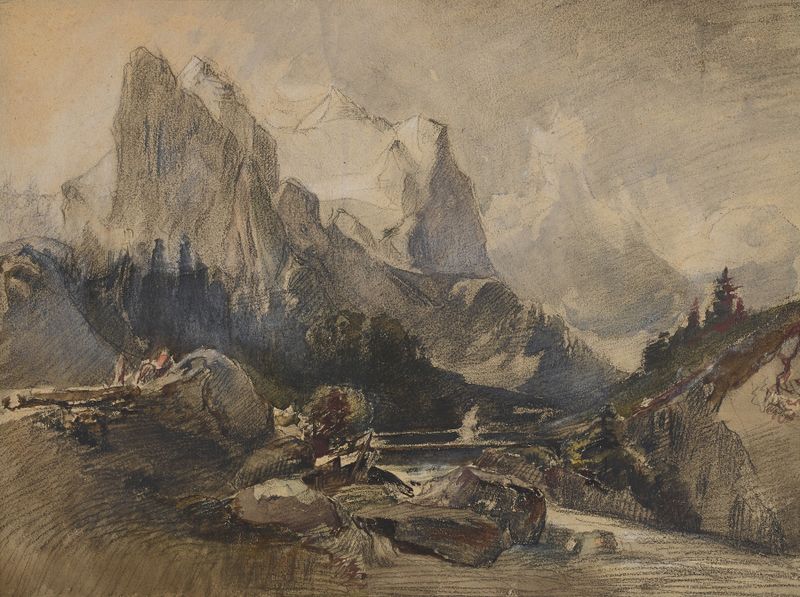 Alpine landscape with mountains and clouds, oil on canvas by Alexandre Calame
