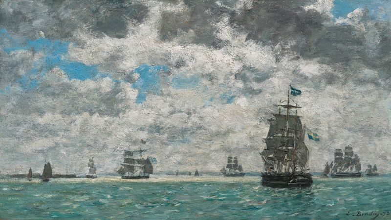 Barcos de três mastros na água, óleo sobre tela de Eugène Boudin