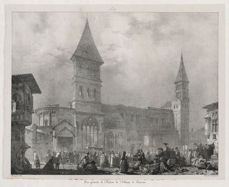Église de l’abbaye de Tournus de Richard Parkes Bonington, pintura a óleo mostrando intrincados trabalhos em pedra e luz e...
