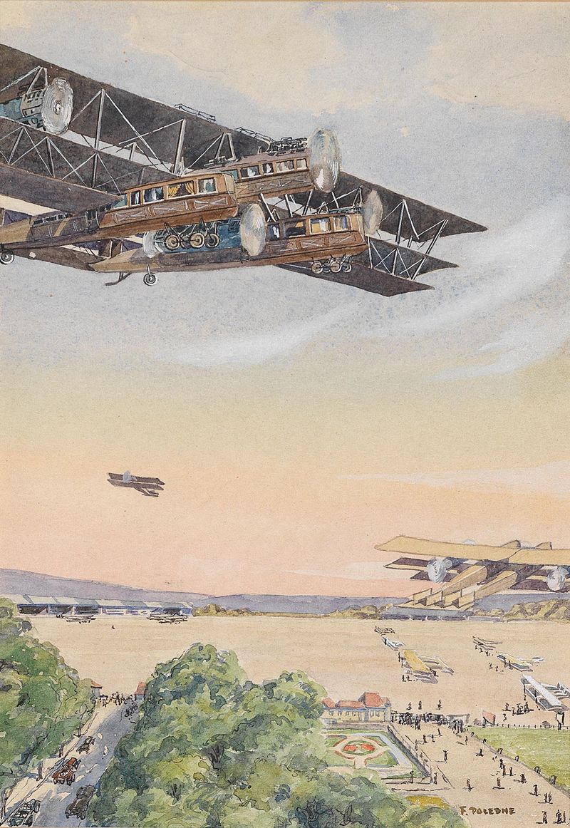 Doppeldecker-Flugshow de Franz Poledne, modernismo, biplanos volando en un cielo colorido.