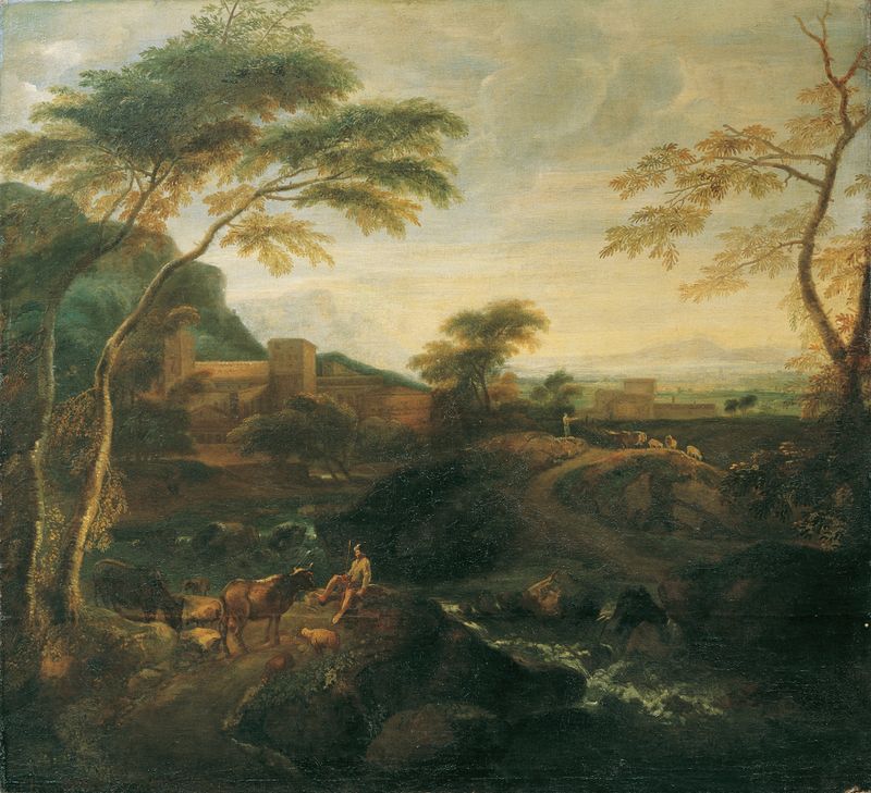 Paisagem com vacas pastando, óleo sobre tela de Josef Faistenberger