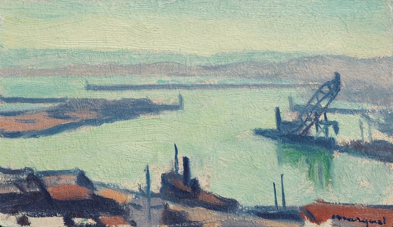 Le Port de l’Agha de Albert Marquet, óleo que muestra un puerto con barcos y un cielo gris