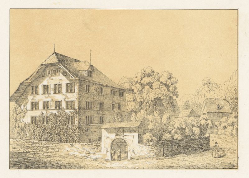 Rosenburg de Johann Friedrich Wagner, pintura al óleo que muestra un hogar melancólico en un paisaje.