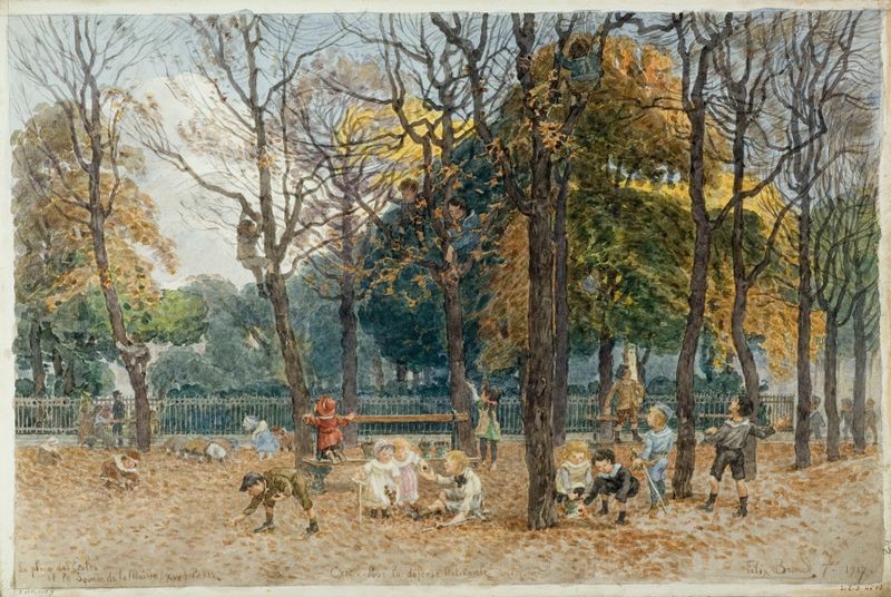 Pintura a óleo paisagística de Félix Brard com um parque, árvores e caminhos de paralelepípedos.