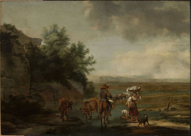 Paisaje pastoral de Anthony Molijn, óleo sobre lienzo que muestra colinas suaves y un cielo tranquilo.
