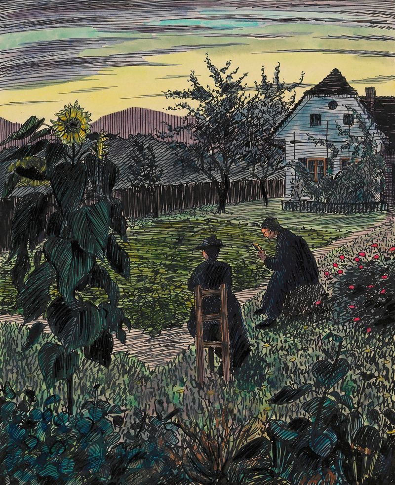 Twilight landscape oil painting by Karl Wiener depicting a serene garden.