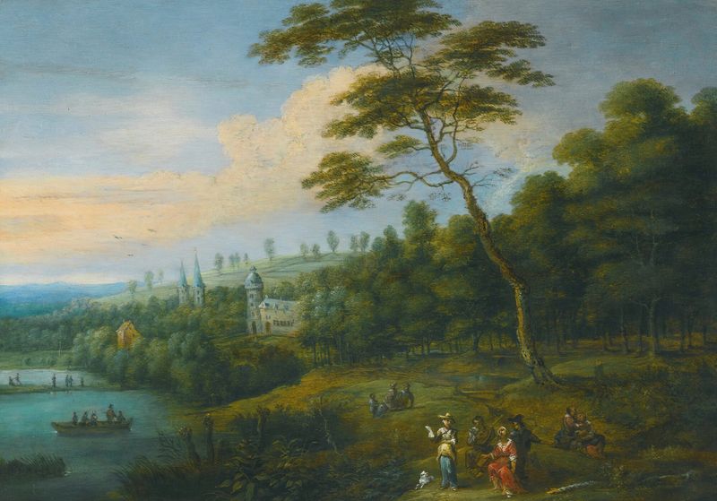 Paisagem com vegetação exuberante e flores de Lucas van Uden, pintura a óleo