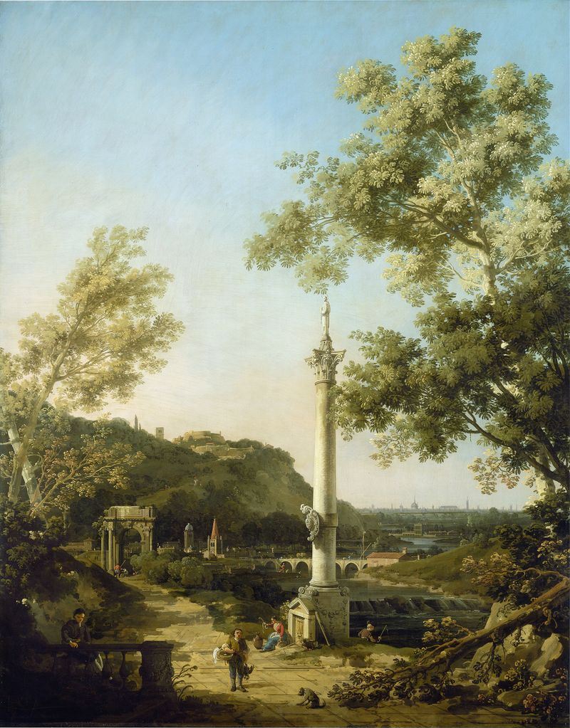 English Landscape Capriccio with a Column, pintura al óleo de Canaletto