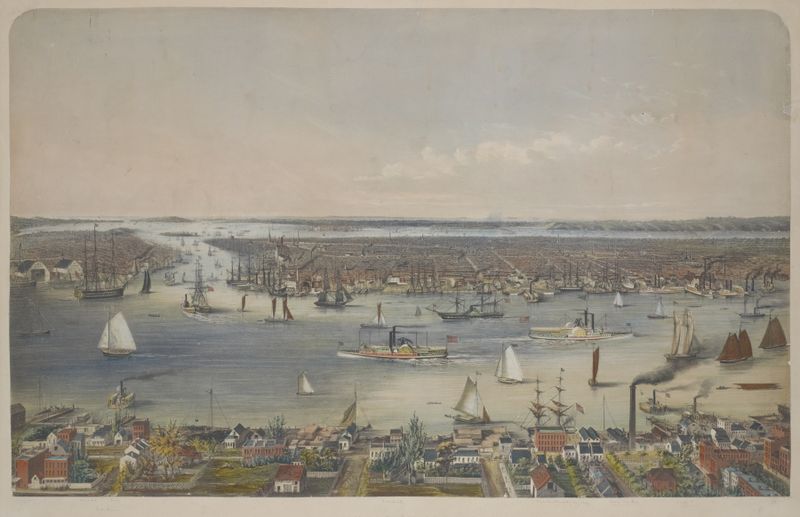 Pintura a óleo de E. Brown Jr. mostrando o horizonte de Nova York ao pôr do sol.