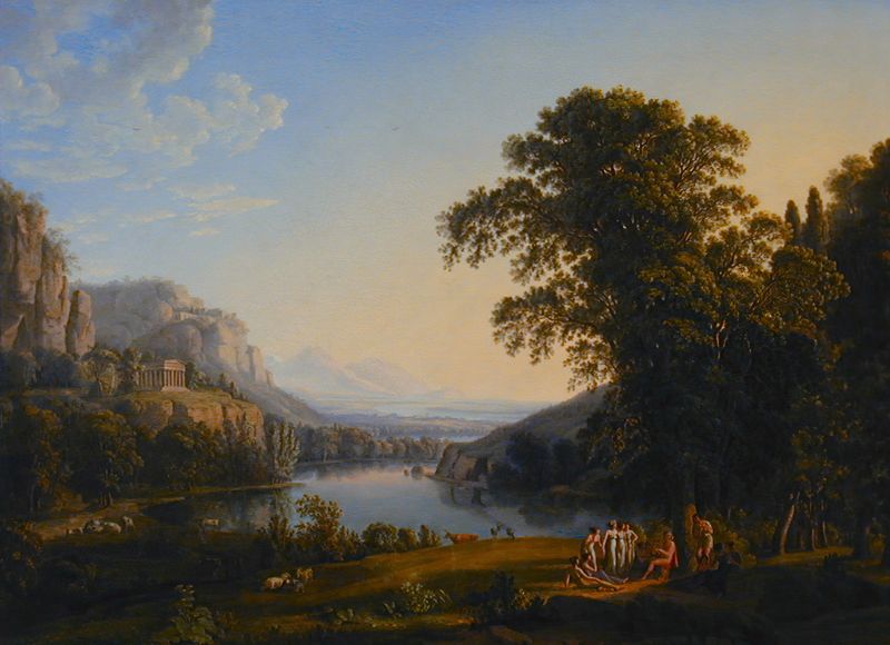 Arcadian Landscape de Ludwig Philipp Strack, pintura a óleo que retrata colinas suaves sob um céu âmbar.