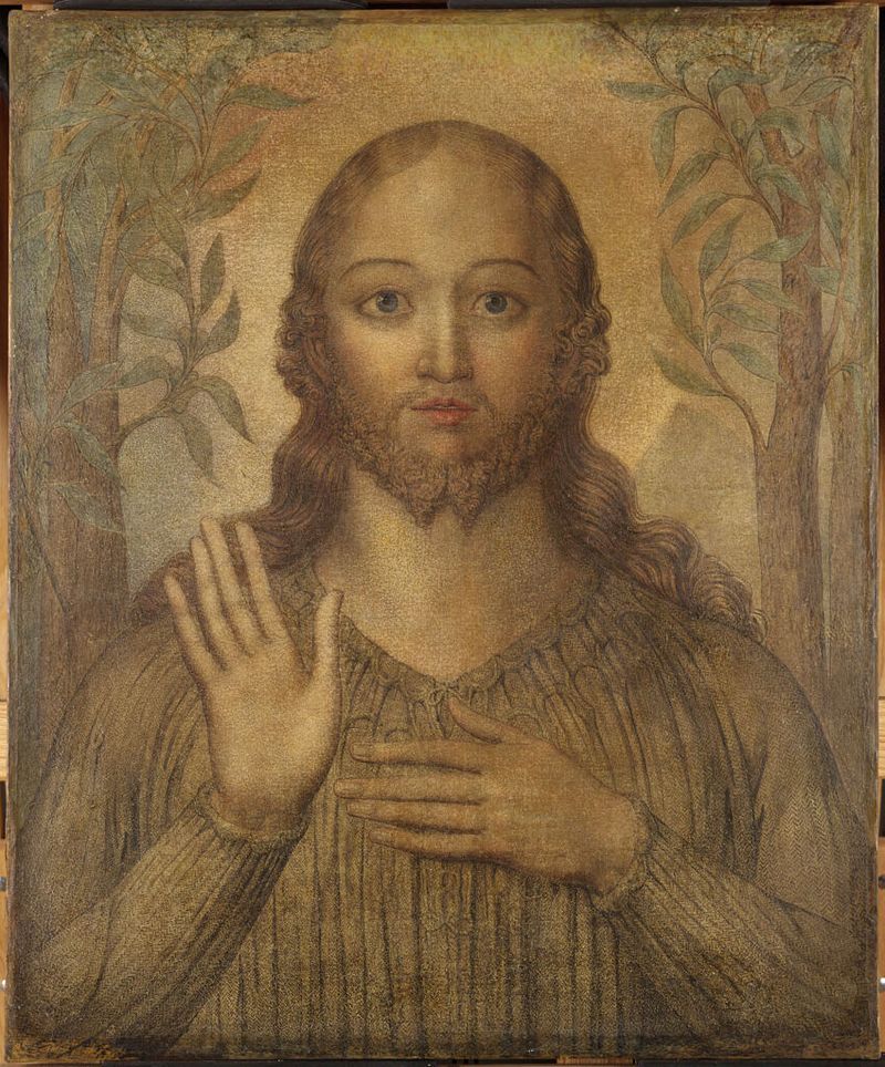 Cristo Bendiciendo, temple sobre lienzo de William Blake, muestra a Cristo en luz dorada con las manos levantadas.