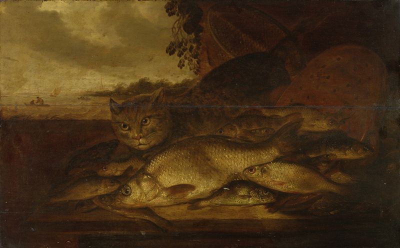Naturaleza muerta de Pieter de Putter con un gato y un pez.