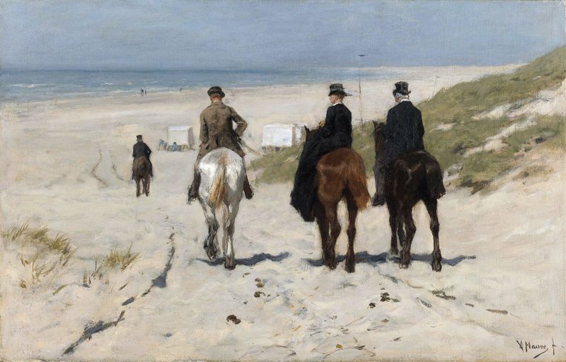 Óleo sobre tela de Anton Mauve retratando uma cena de praia com ondas suaves e um cavalo.