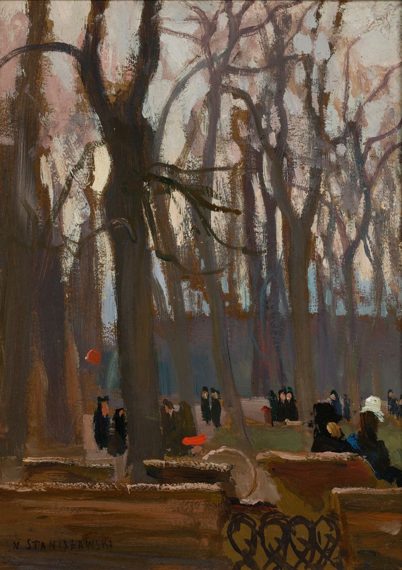 Fragmento do Parque Planty de Jan Stanisławski, impressionismo, retratando uma paisagem exuberante.