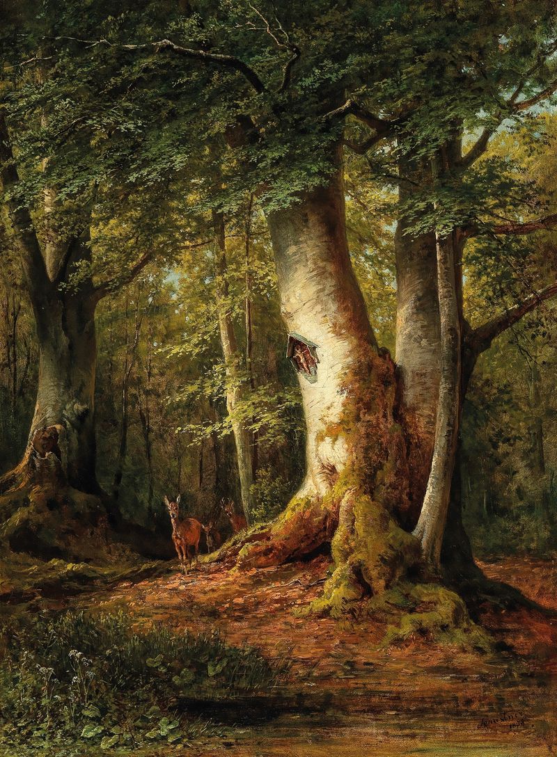 Escena forestal con ciervo en un bosque, pintura al óleo de Luitpold Faustner