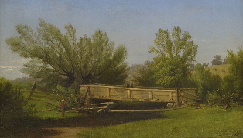 El Viejo Puente de John Williamson, óleo sobre lienzo que representa un río y un puente antiguo.