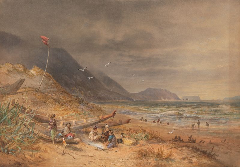 Óleo sobre lienzo de Nicholas Chevalier que representa un mar turbulento y acantilados en Cook’s Strait