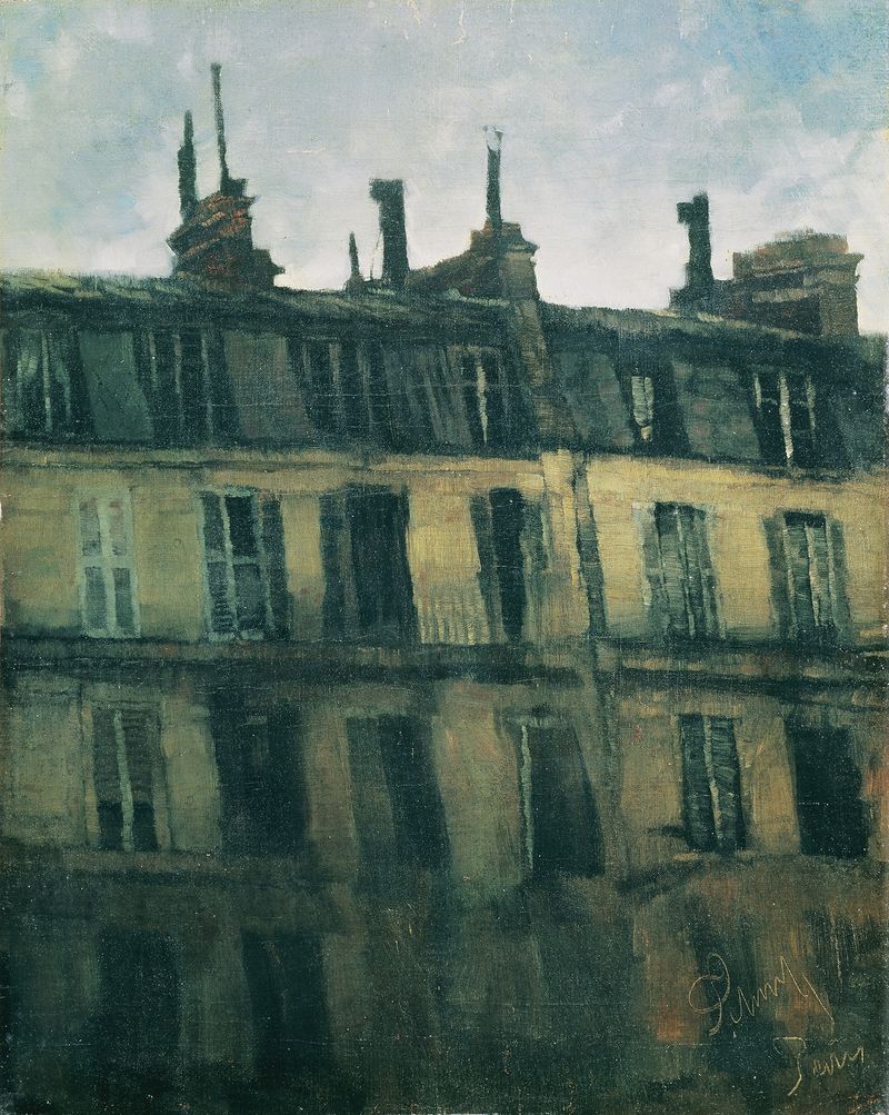 Oil on canvas by Carl Schuch depicting urban architecture with light on cobblestone streets.