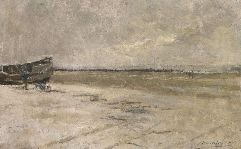 Marine scene depicting a beach under grey weather by Albert Baertsoen, oil painting.