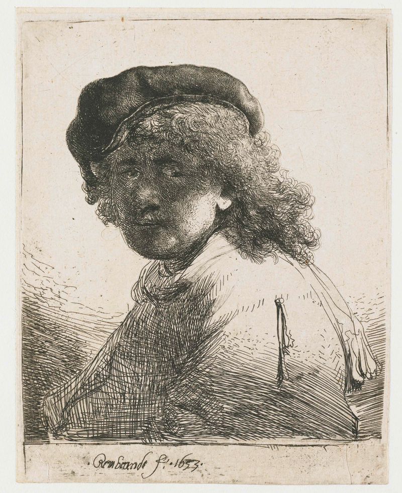 Aguafuerte de autorretrato de Rembrandt van Rijn, con figura en gorra y bufanda.