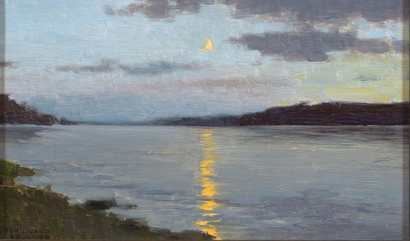 A Moonlit Night on a Lake, óleo sobre tela de Ferdinand Brunner, retratando um lago tranquilo sob a luz da lua.