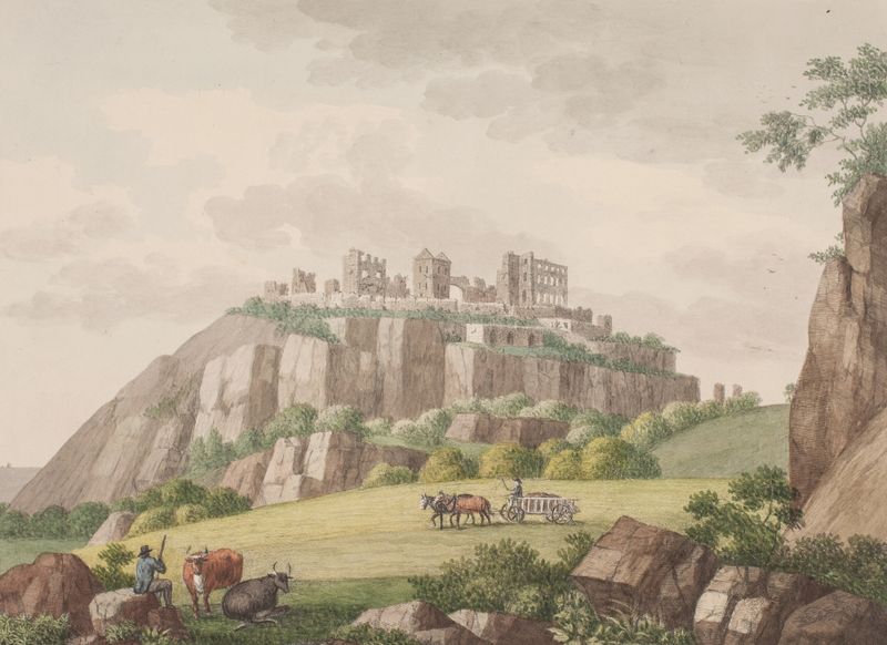 Hammershus på Bornholm. Set fra nordsiden de Søren L. Lange, pintura al óleo que muestra acantilados y mar.