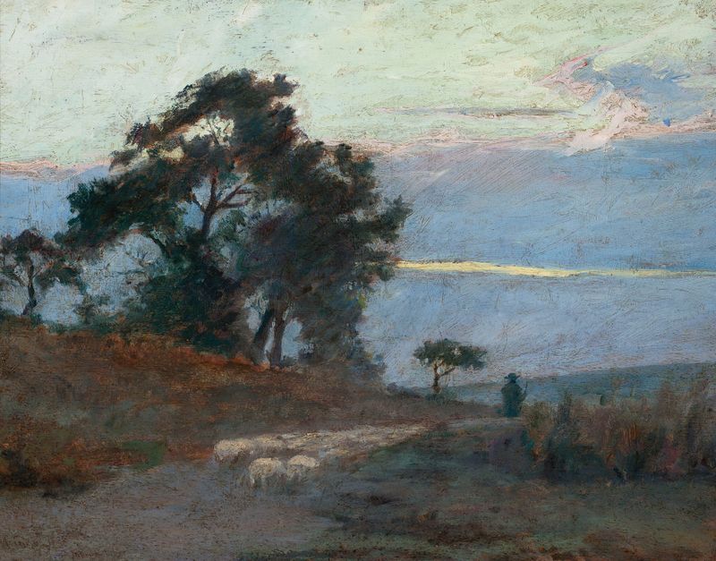 Landscape at sunrise by Maksymilian Gierymski, oil painting depicting a vibrant dawn landscape.