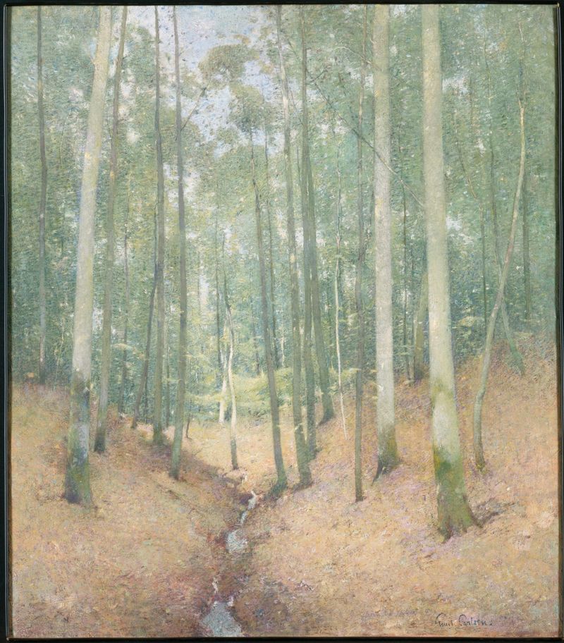 Wood Interior de Emil Carlsen, que representa un interior sereno con paneles de madera y luz suave.