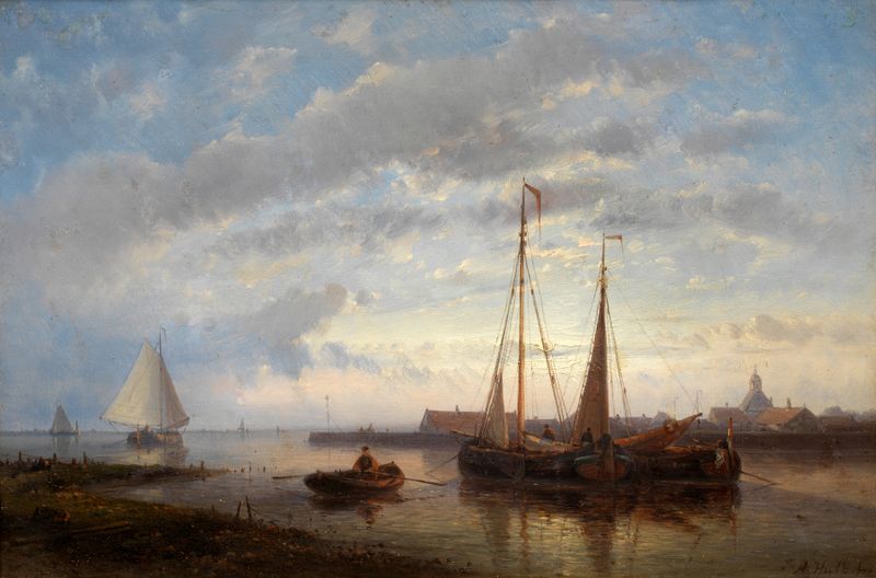 Fishermen at sunset, pintura al óleo de Abraham Hulk, que representa el crepúsculo sobre el agua.