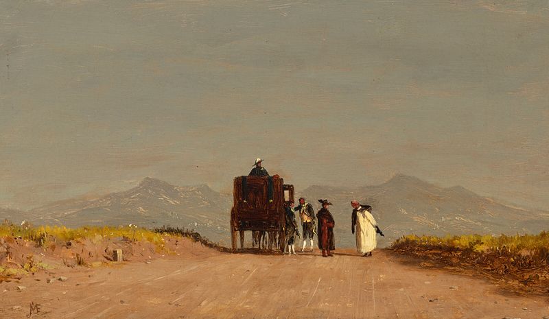 A Journey’s Pause in the Roman Campagna by Jervis McEntee, oil painting depicting a twilight landscape.