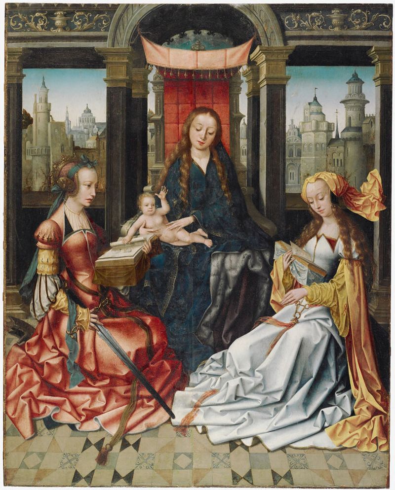 Virgen y Niño con Santa Catalina y Santa Bárbara, óleo sobre panel, artista no identificado